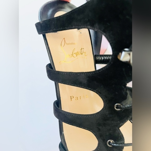 Christian Louboutin Black Suede Leather 85mm Amazoudur Gladiator Sandals EU 38.5 - Picture 4 of 10